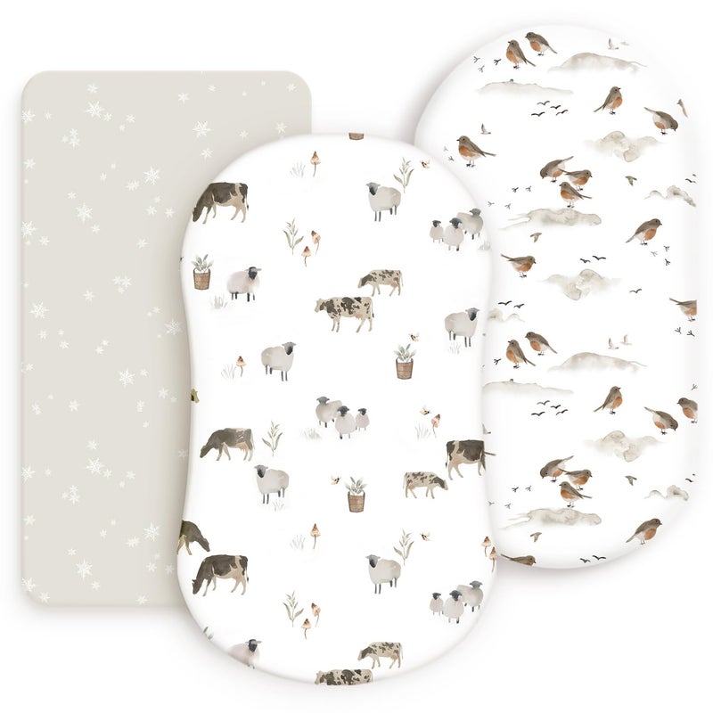 GRSSDER Stretchy Ultra Soft Fitted Bassinet Sheet Set 3 Pack, Universal Fit for Bassinets Baby Cradle Moses Basket Oval Rectangle Mattress Safe and Snug, Cute Watercolor Cows and Birds Print - Image 1